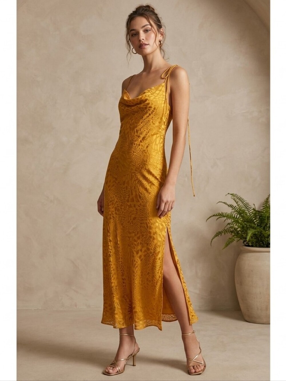 ​Skylar & Madison Gold Jacquard Cowl Neck Slip Dress Animal Print Midi Size Sm